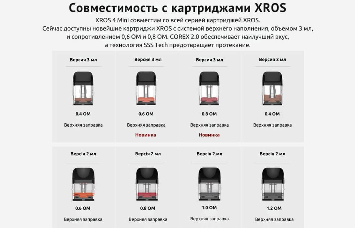 Девайс совместим с картриджами XROS.