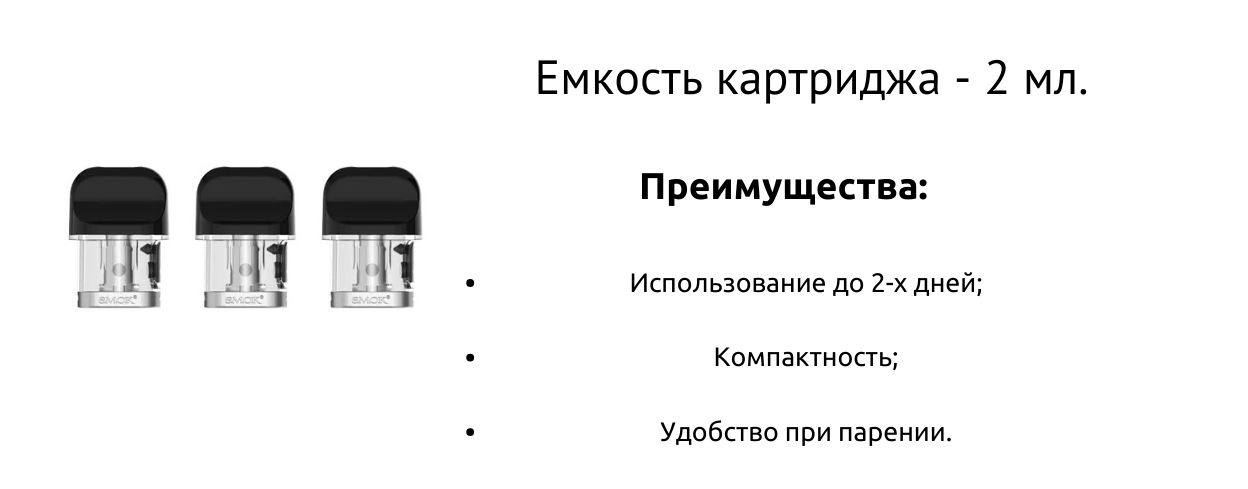 Объем картриджа составляет 2 мл.